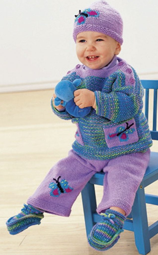 Free Knitting Pattern Butterfly Pullover, Pants, Hat, and Booties for Baby and Toddler