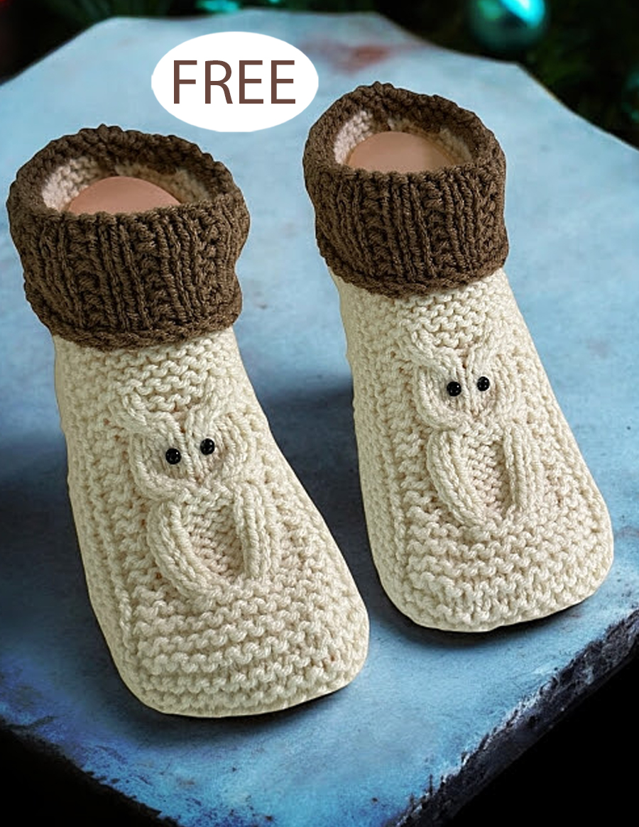 Free Slipper Knitting Pattern Cable Owl Slippers with a Cuff