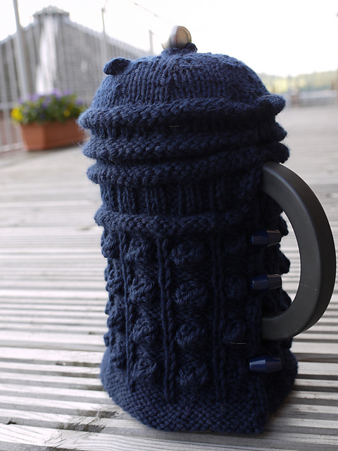 Free knitting pattern for Caffeinate! Dalek Press Style Coffee Maker Cozy by Coryna Blasko