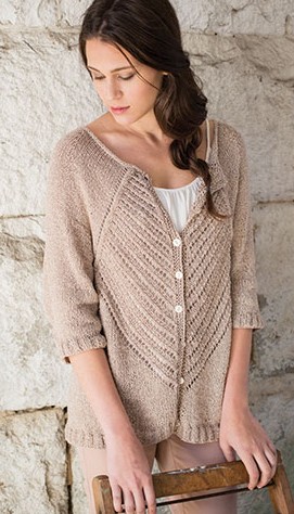 Knitting pattern for Camber Cardigan featuring short sleeves and lace detail