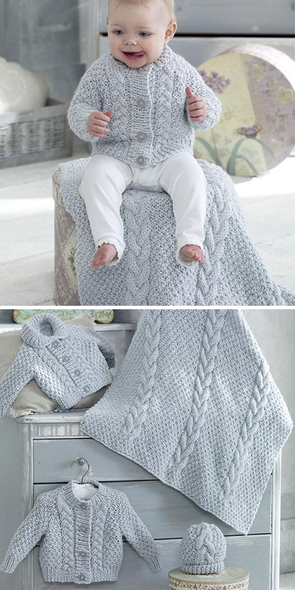 Knitting Pattern for Baby Cardigan, Blanket and Hat Set