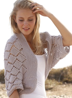 Free knitting pattern for Cassie Bolero shrug with diamond lace pattern