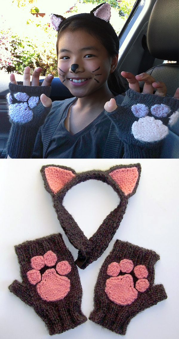 Free Knitting Pattern for Easy Cat Headband and Wrist Warmers