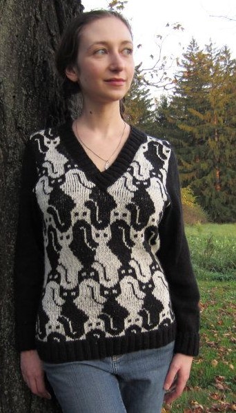 Knitting pattern for cat sweater with cool Escher style design