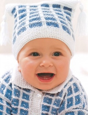 Free knitting pattern for Check Stitch Baby Set with baby hat and baby cardigan sweater