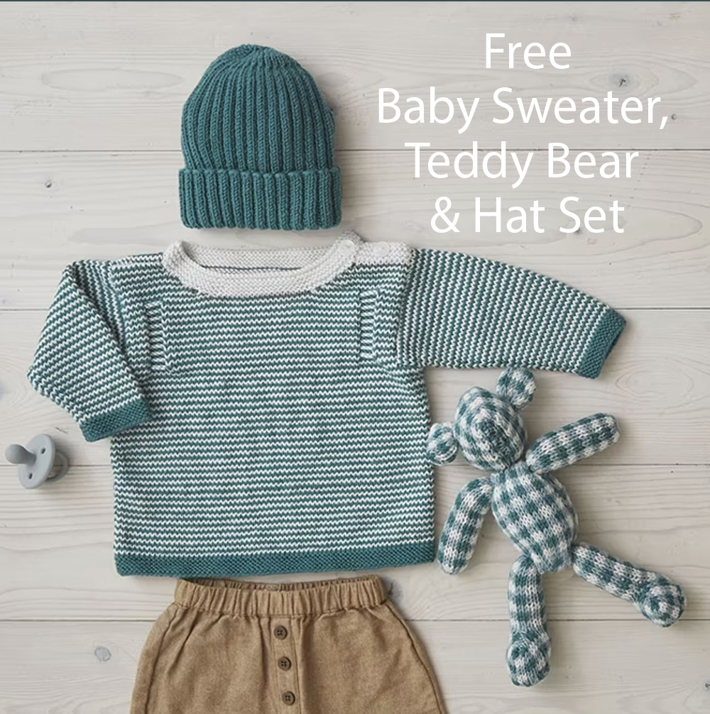 Free Check Your Stripes Baby Sweater, Teddy Bear and Hat Set Knitting Pattern