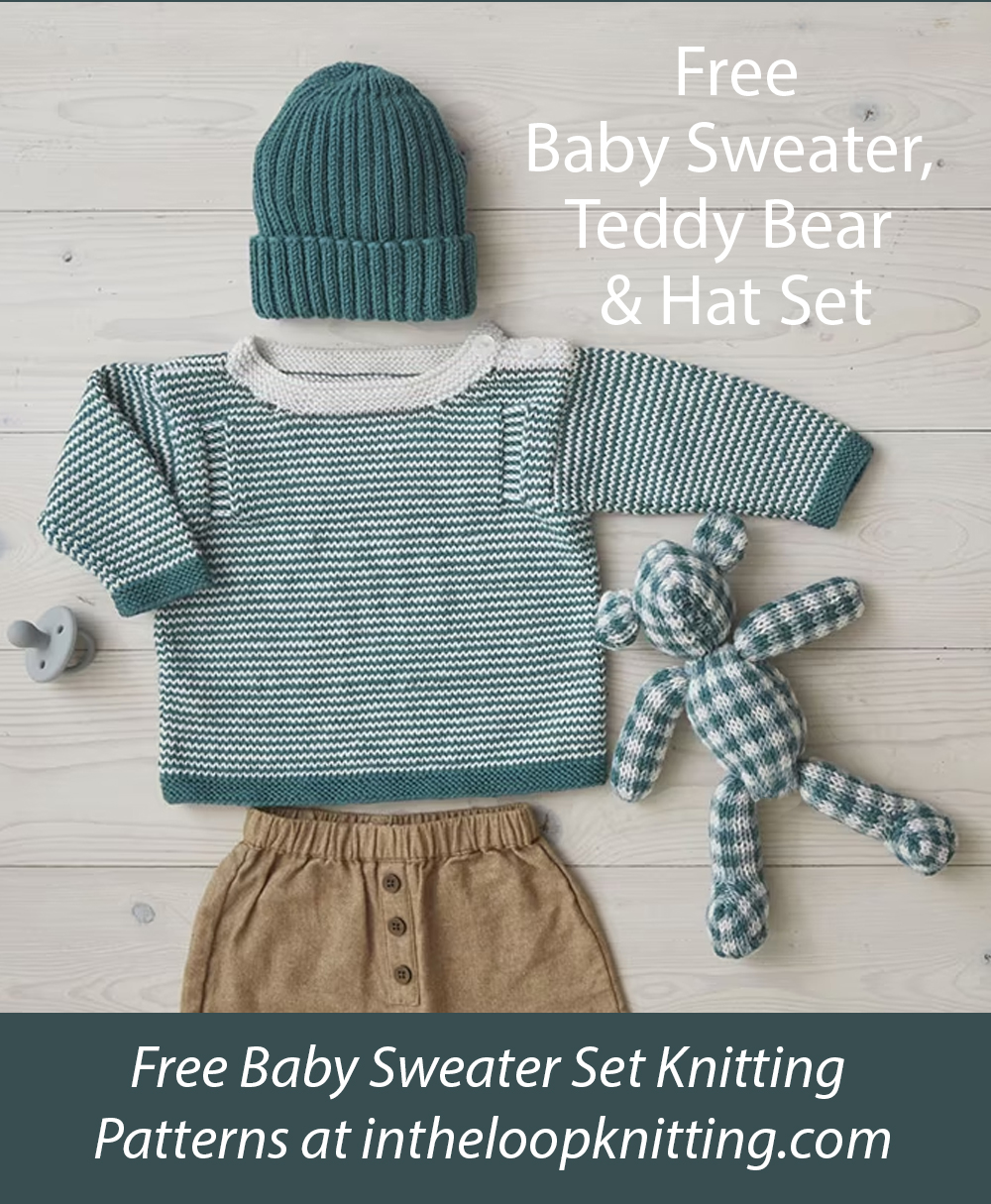 Free Check Your Stripes Baby Sweater, Teddy Bear and Hat Set Knitting Pattern