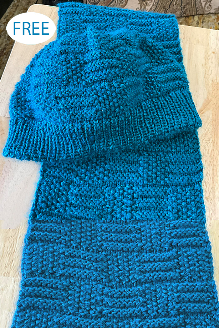 Free Garter and Seed Checkerboard Scarf and Hat Set Knitting Pattern