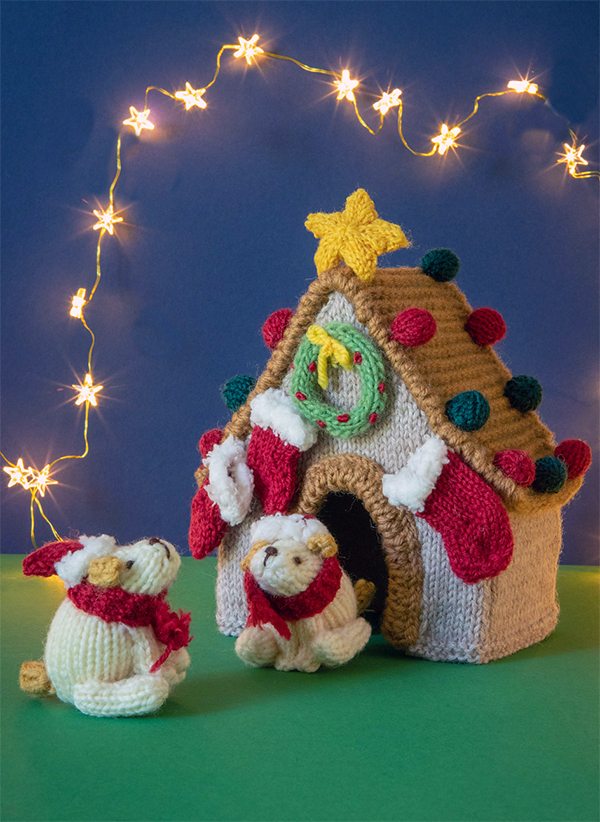 Free Knitting Pattern for Christmas Puppies and Doghouse