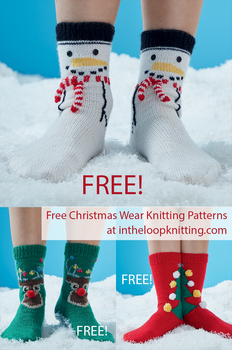 Free Christmas Socks Knitting Patterns Frosty the Snowman, Rudolph the Red-Nosed Reindeer, and Christmas Tree