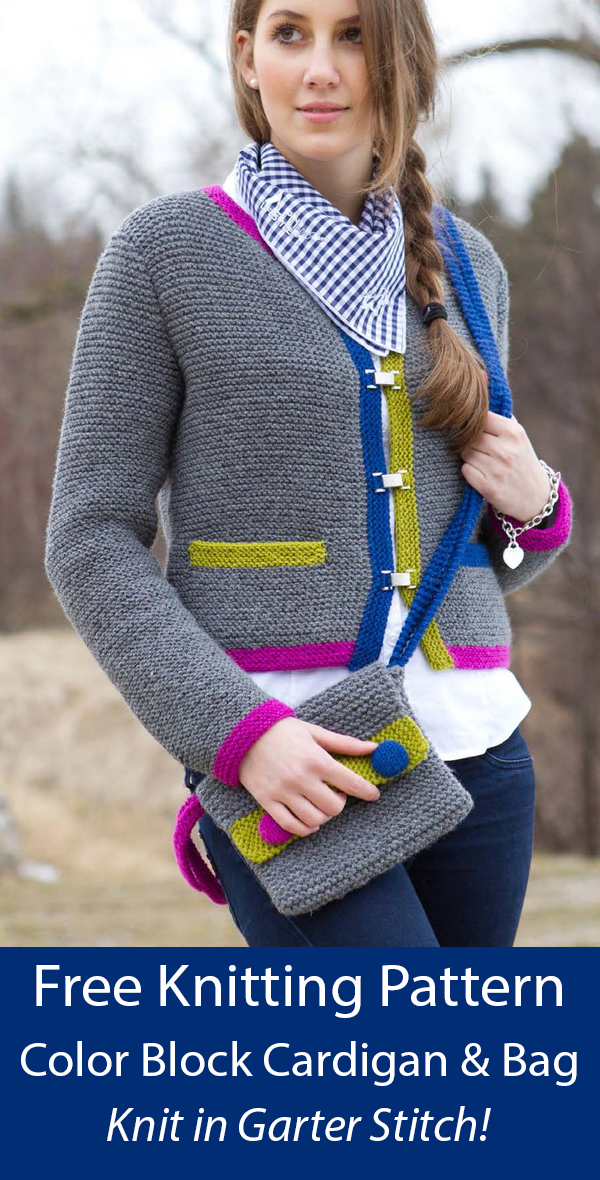Garter Stitch Cardigan and Bag Free Knitting Pattern Color Block