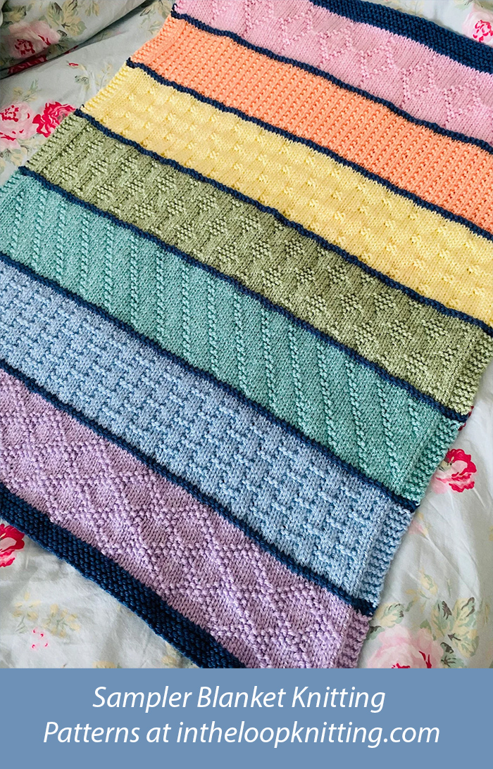 Colorful Sampler Blanket Knitting Pattern for Cables and Bobbles Baby Blanket