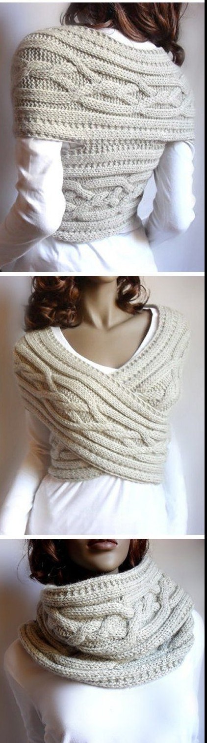 Combination Cable Cowl/Sweater/Shawl knitting pattern - ingenious design knit in a scarf and then assembled. See this and more cowl knitting patterns at http://intheloopknitting.com/cowl-knitting-patterns/
