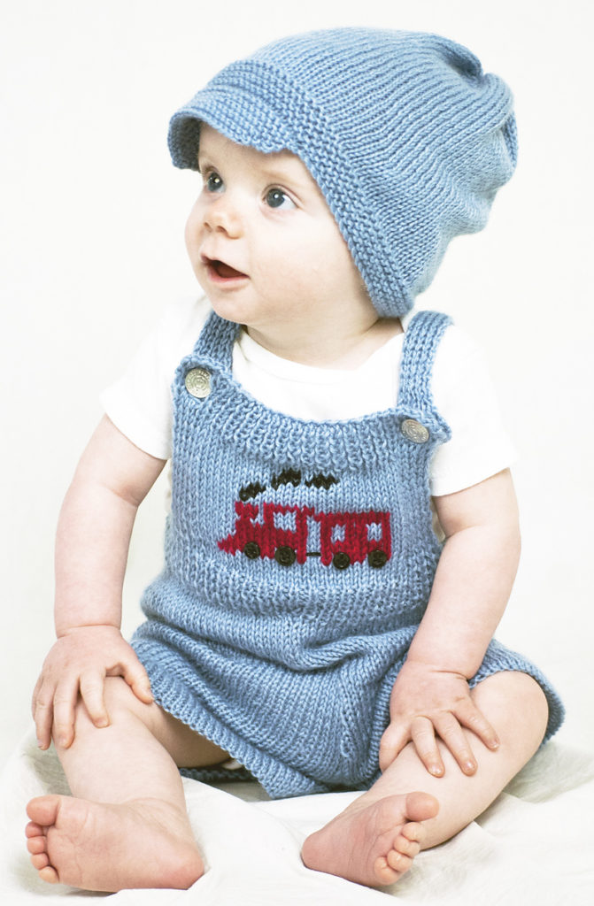 Free Knitting Pattern for Train Conductor Baby Overalls and Hat