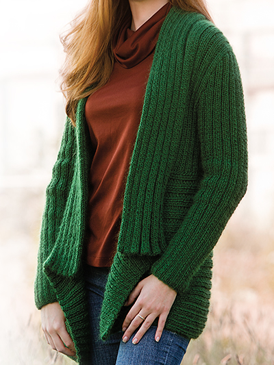 Free knitting pattern for Directional Ribs Cardigan and more draped front cardigan knitting patterns