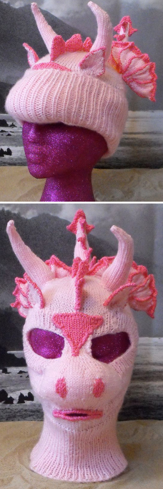 Knitting Pattern for Dragon Beanieclava - dragon hat that transforms to mask