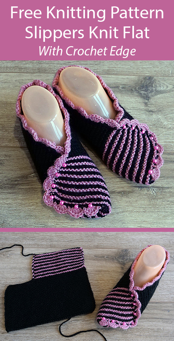 Free Knitting Pattern for Striped Slippers Knit Flat in One Piece with Crochet Edge