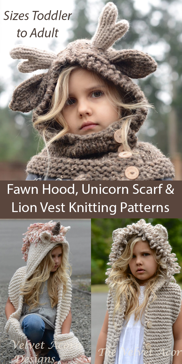 Fawn Hood, Unicorn Scarf and Lion Vest Knitting Patterns