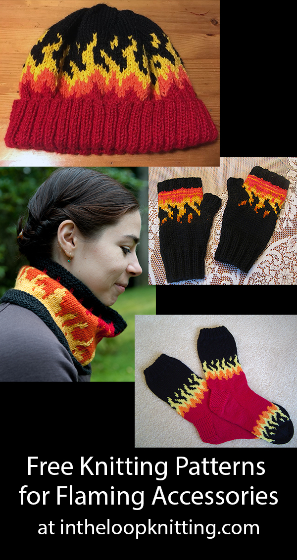 Free Knitting Patterns Flames Hat, Cowl, Mitts, and Socks