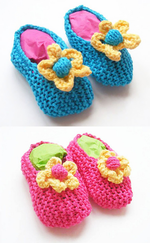 Free Knitting Pattern for Baby Slippers with Flowers