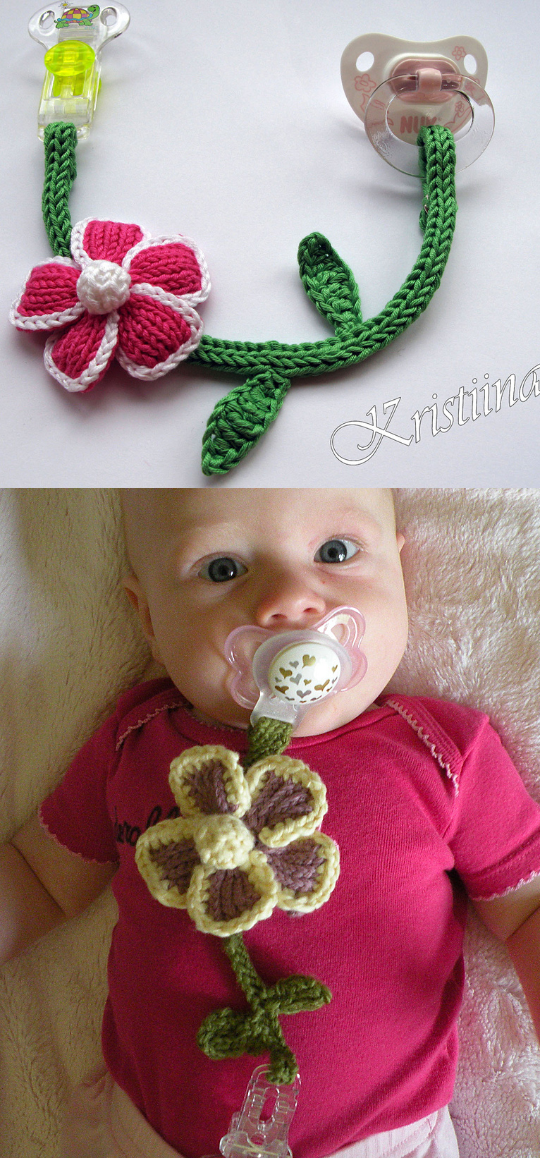 Free Knitting Pattern for Flower Pacifier Clip