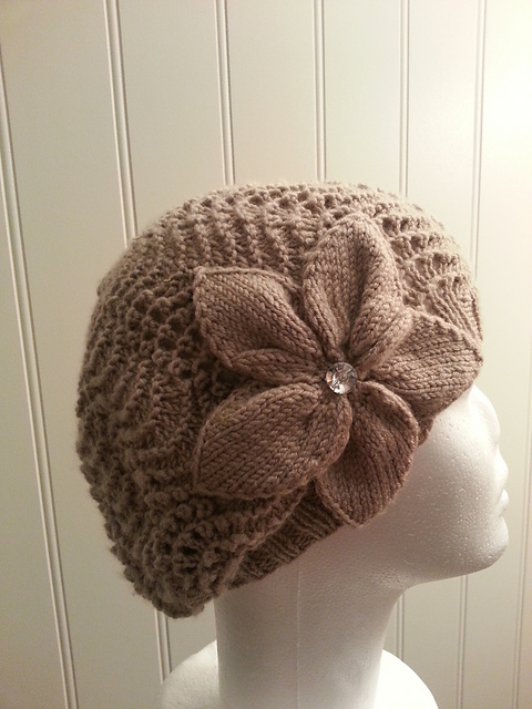 Free knitting pattern for slightly slouch hat with flower For Joanna and more free slouchy hat knitting patterns