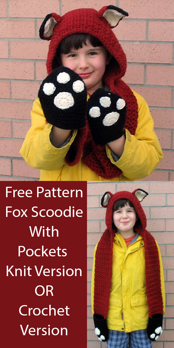 Fox Hooded Scarf with Pockets Free Gansey Lace Sweater Knitting or Crochet Pattern Scoodie