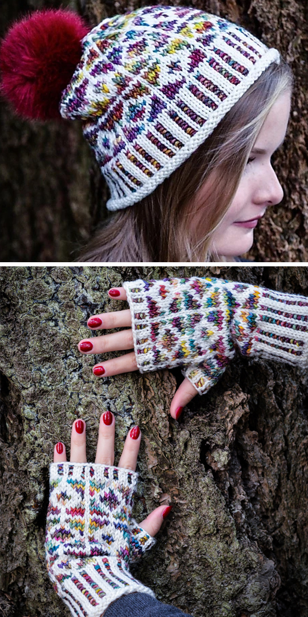 Knitting Pattern for Frosted Panes Hat and Fingerless Mitts