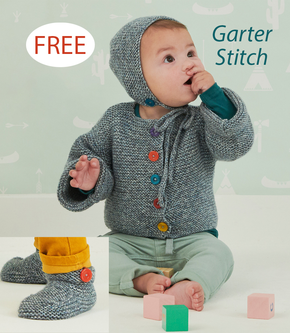 Free Baby Fun Day Cardigan, Bootees, and Bonnet Knitting Pattern Garter Stitch
