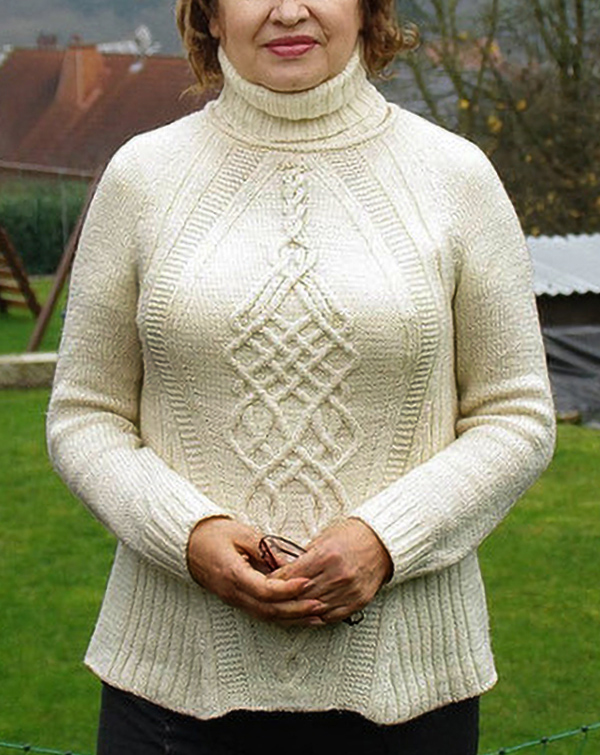 Free Knitting Pattern for Gina Cabled Sweater by Norah Gaughan Sizes 34 in to 54 in