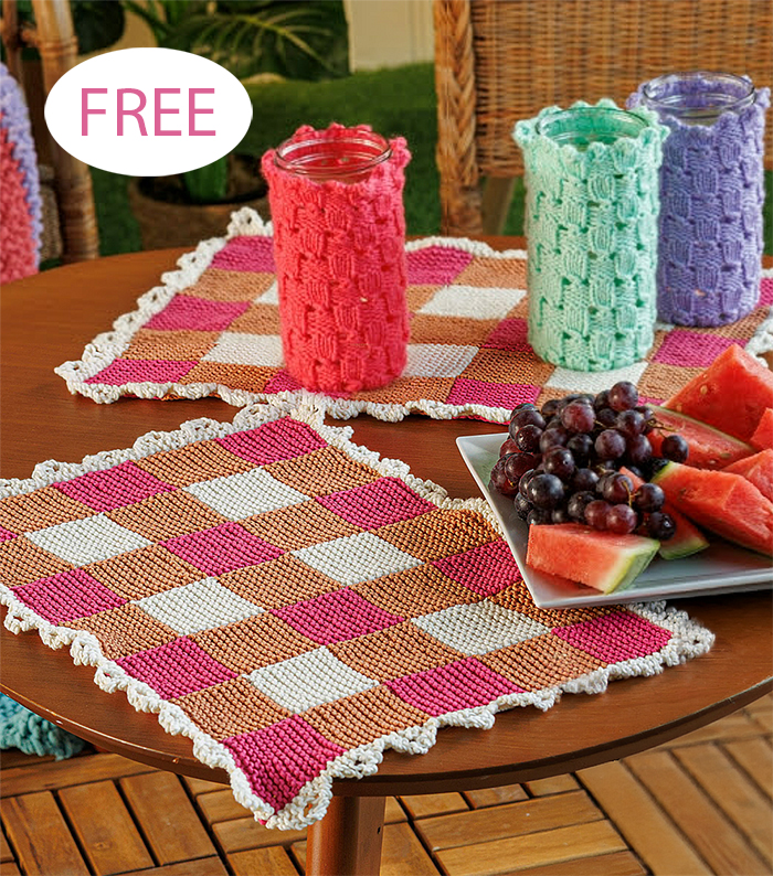 Free Gingham Placemats and Woven Look Jar Cozy Table decor Knitting Pattern