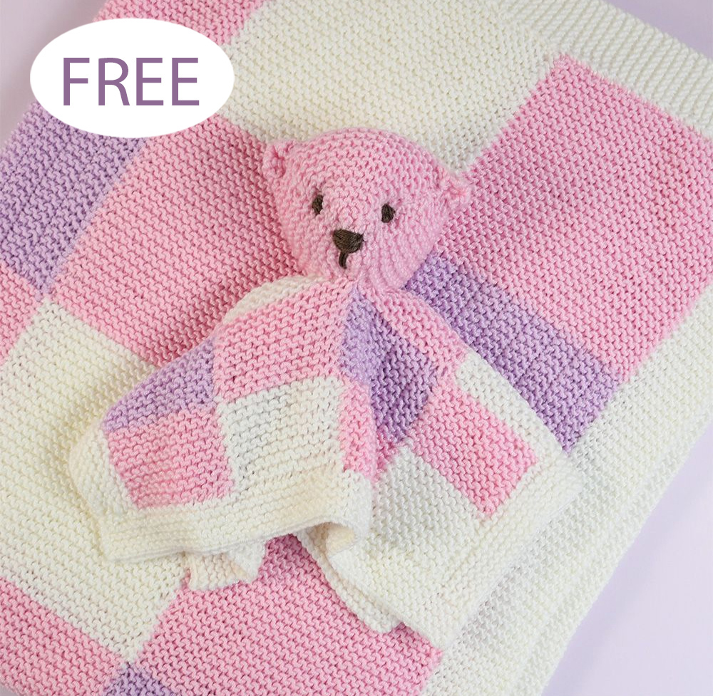 Free Gingham Baby Blanket and Teddy Snuggly Knitting Pattern Garter Stitch