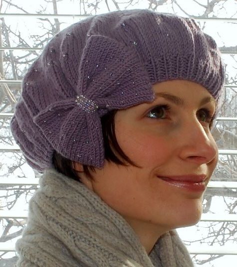 Free Knitting Pattern for Glimmer Beret Hat with Bow