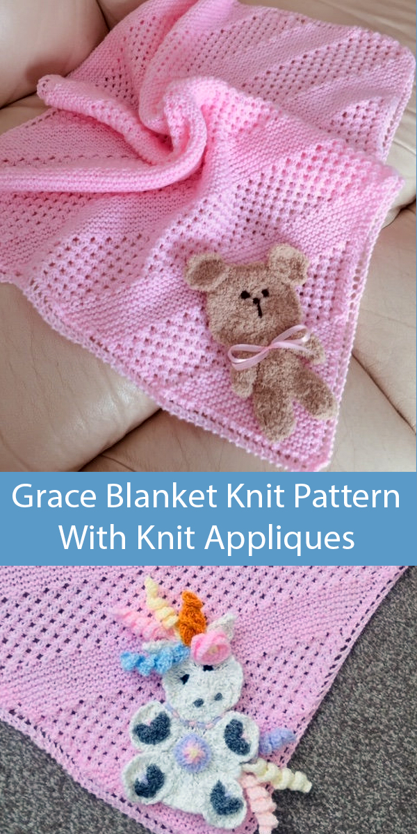 Knitting Pattern for Grace Baby Blanket with Teddy Bear or Unicorn Knit Applique