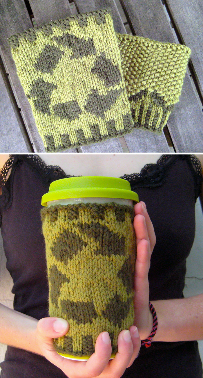 Free Knitting Pattern for Green Travel Mug Cozies