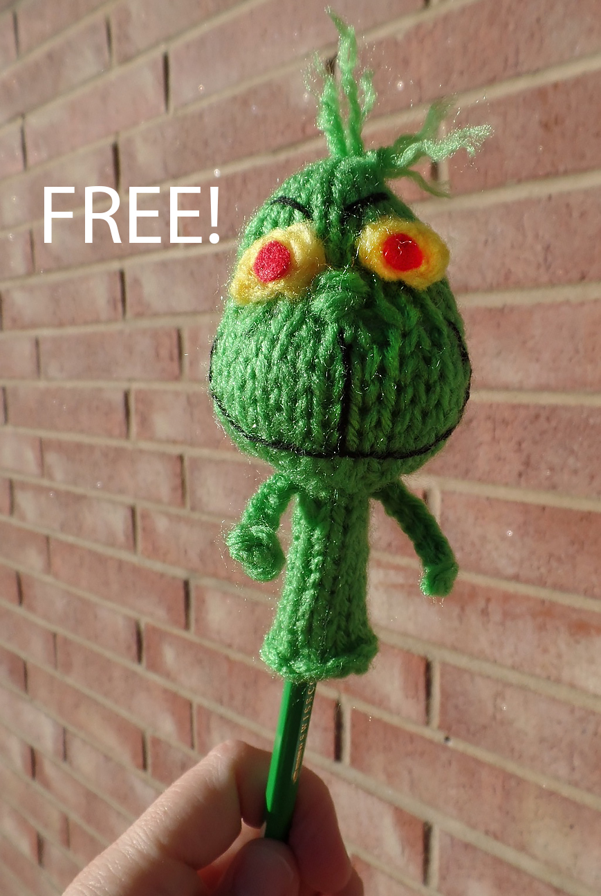 Free Christmas Knitting Pattern Grinch Pencil Topper or Finger Puppet