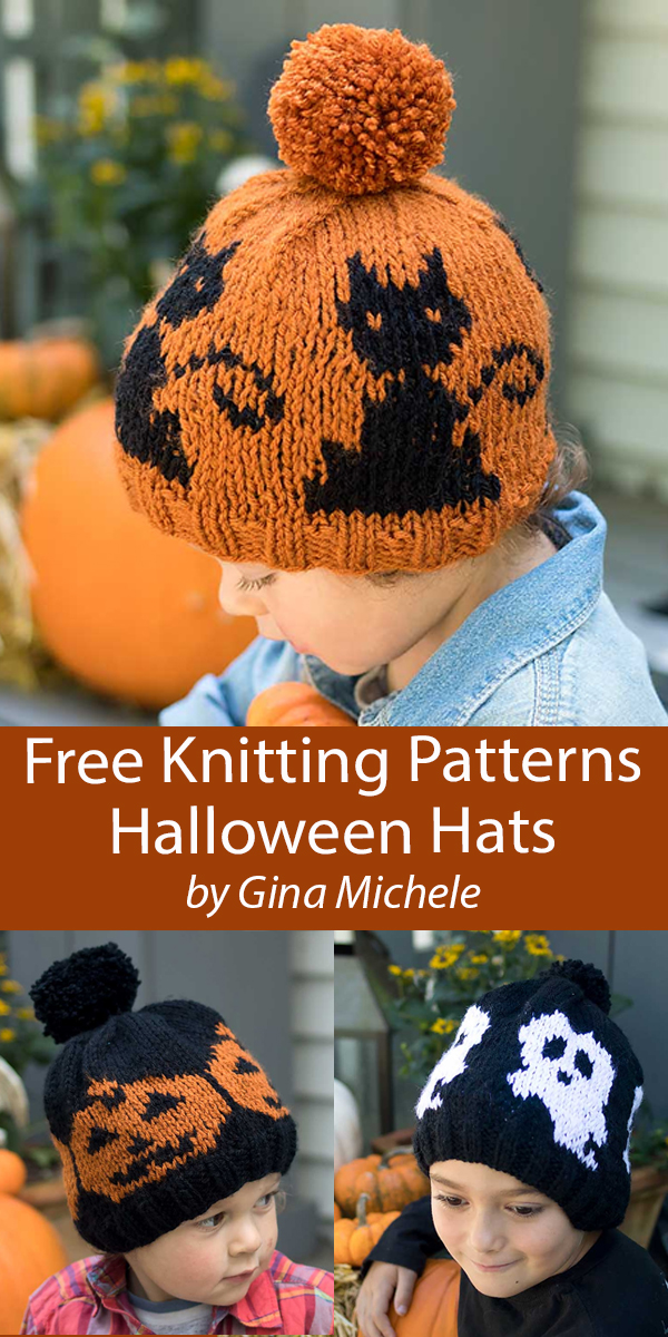 Free  Knitting Pattern Halloween Hats Black Cat, Ghost, Pumpkin