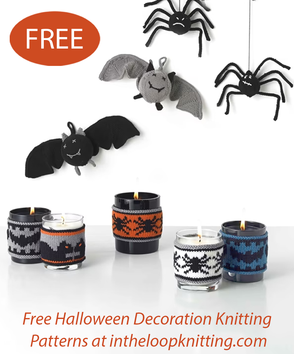 Free Halloween Knitting Patterns Bat, Spider, and Halloween Candle Cozies