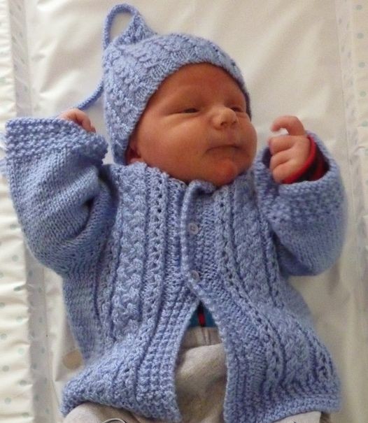 Free knitting pattern for Baby Cardigan and Hat with cables