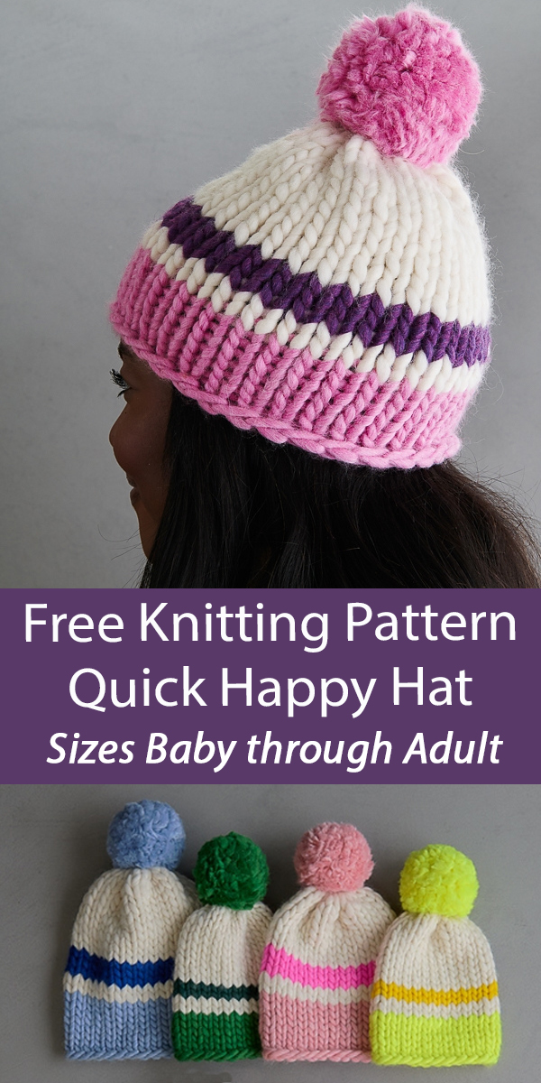 Free Happy Hat Knitting Pattern Sizes Baby to Adult