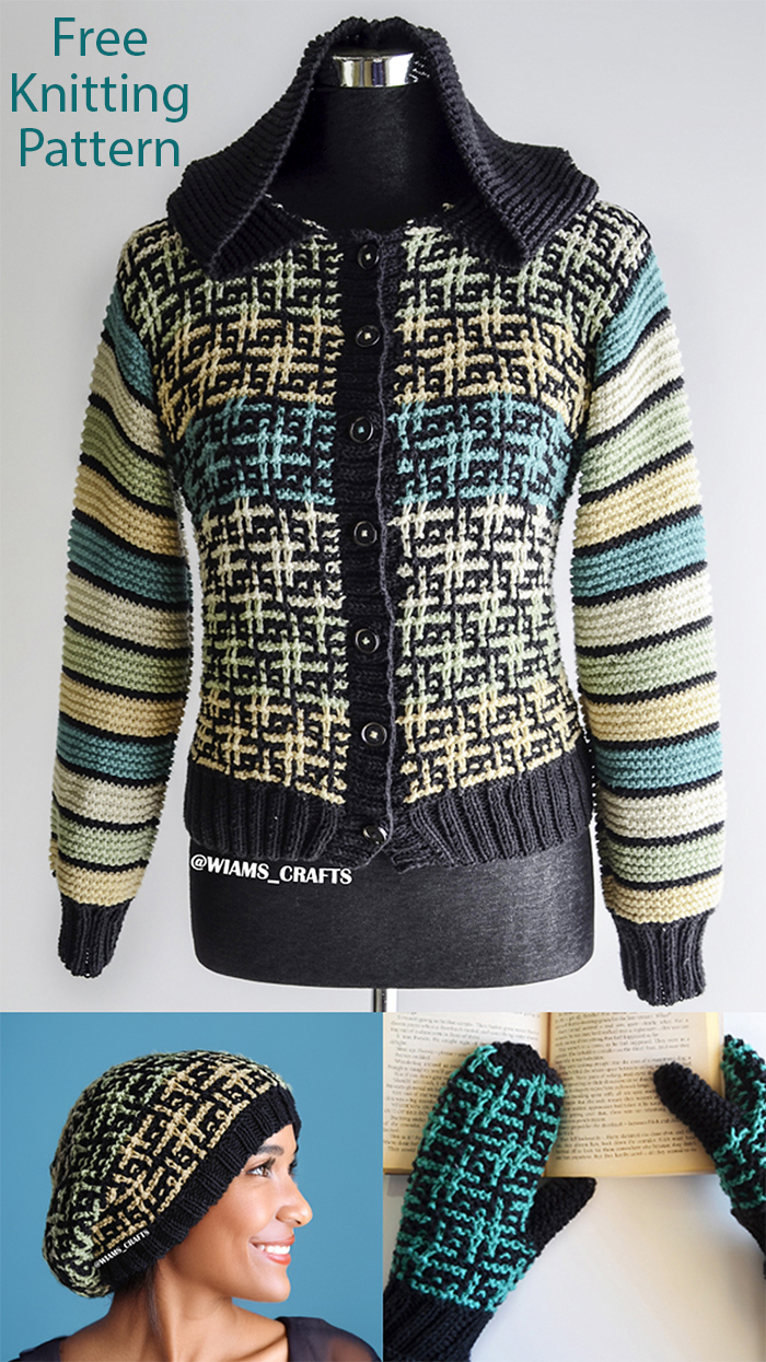 Free Cardigan Set Knitting Patterns Hashtag Jacket, Hat, and Mittens
