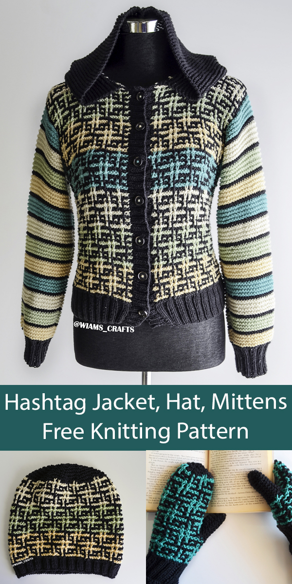Free Cardigan Set Knitting Patterns Hashtag Jacket, Hat, and Mittens