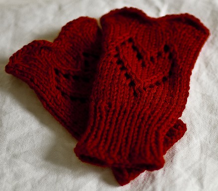 Free knitting pattern for Heart Mitts, fingerless gloves with heart lace motif