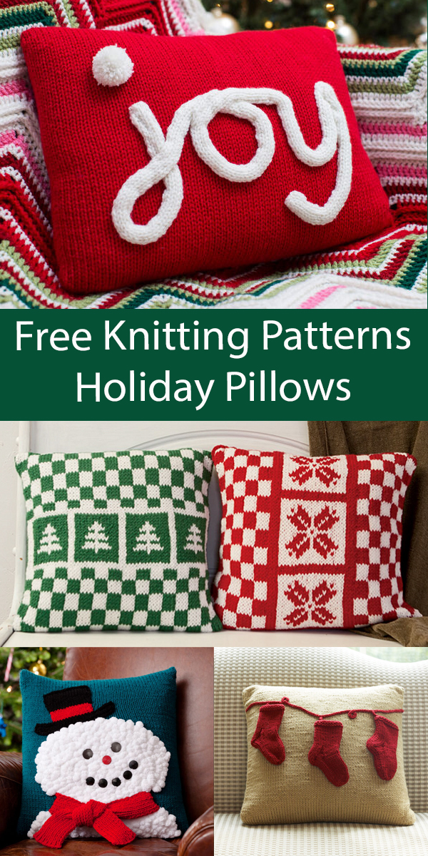 Free Christmas Knitting Pattern Holiday Pillows Trees, Holly, Joy, Snowman, Stockings