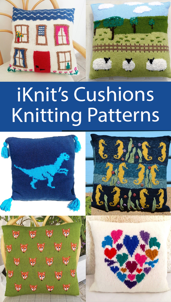 Pillow Knitting Pattern Dog, Cat, Bird, Heart Cushions