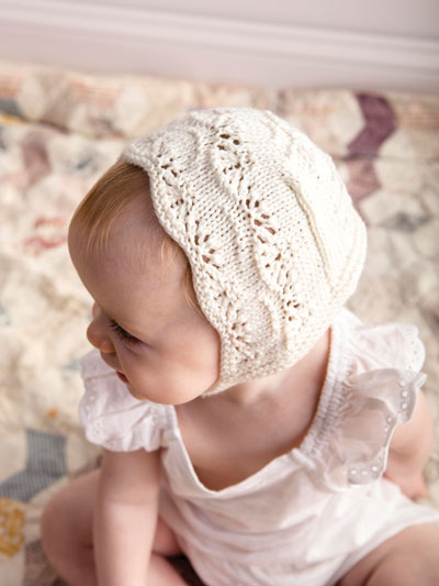 Knitting pattern for Jasmine Baby bonnet lace baby hat takes one skein of yarn