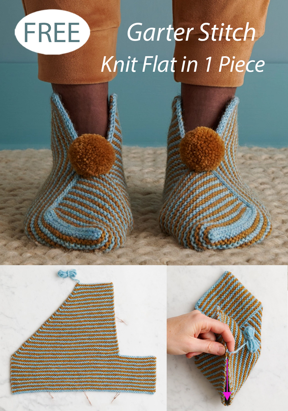 Free Knitting Pattern Knit and Fold Slippers One Piece Knit Flat