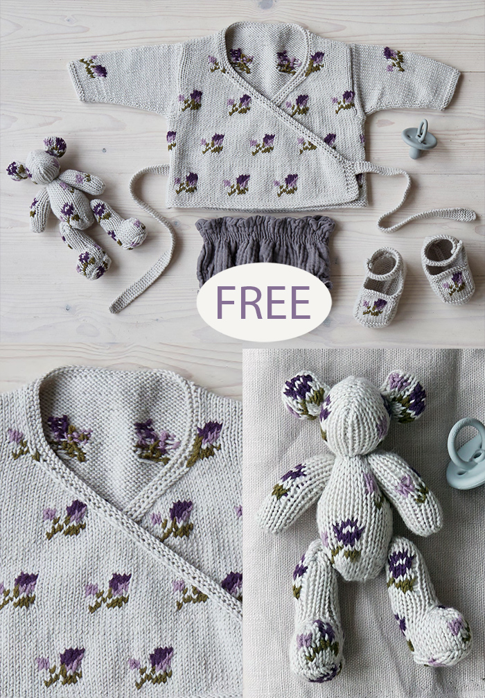 Free Lilac Rose Crossover Cardigan, Teddy Bear and Shoes Set Knitting Pattern