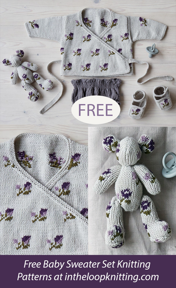 Free Lilac Rose Crossover Cardigan, Teddy Bear and Shoes Set Knitting Pattern