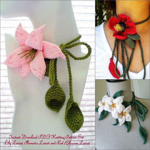 Plumeria Lariat, Lily Lariat, Red Blossom Lariat Flower Knitting Pattern | Flower Knitting Patterns, many free patterns at http://intheloopknitting.com/free-flower-knitting-patterns/